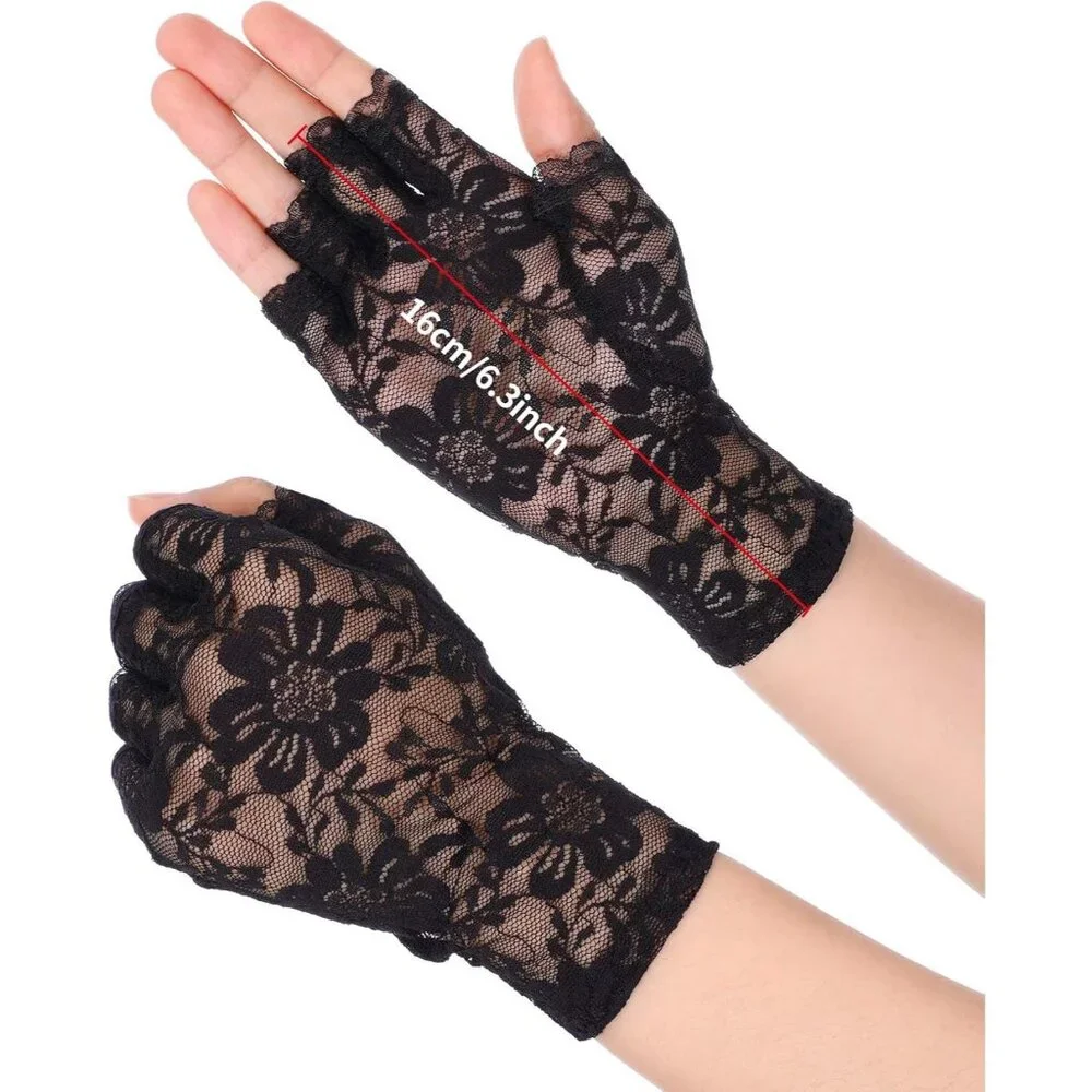 Women's Black Floral Short Lace Gloves Sunblock Fingerless Bridal Opera Party